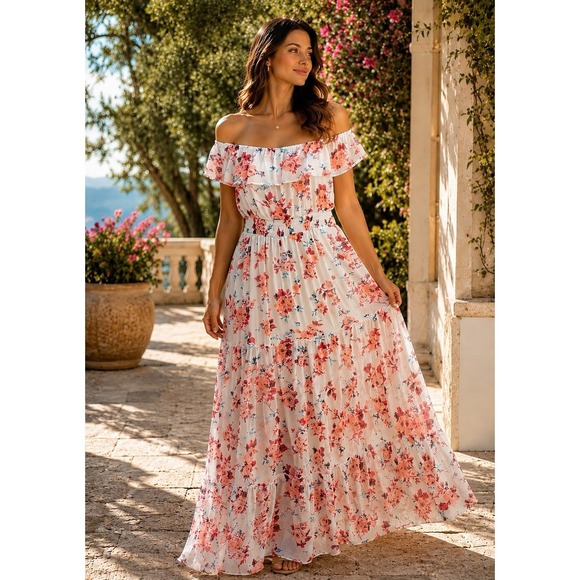 Lane Bryant Dresses & Skirts - Lane Bryant Floral Off Shoulder Maxi Dress Pink White Plus 18 Cottagecore AB09
